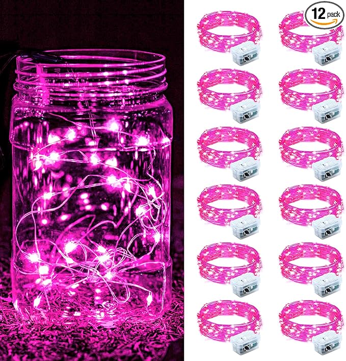 ZGWJ 12 Pack Fairy Lights Battery Operated, 7FT 20LED Mini Fairy String Lights Silver Wire 3 Modes for DIY, Parties, Wedding, Bedroom, Halloween Christmas Decoration- Pink