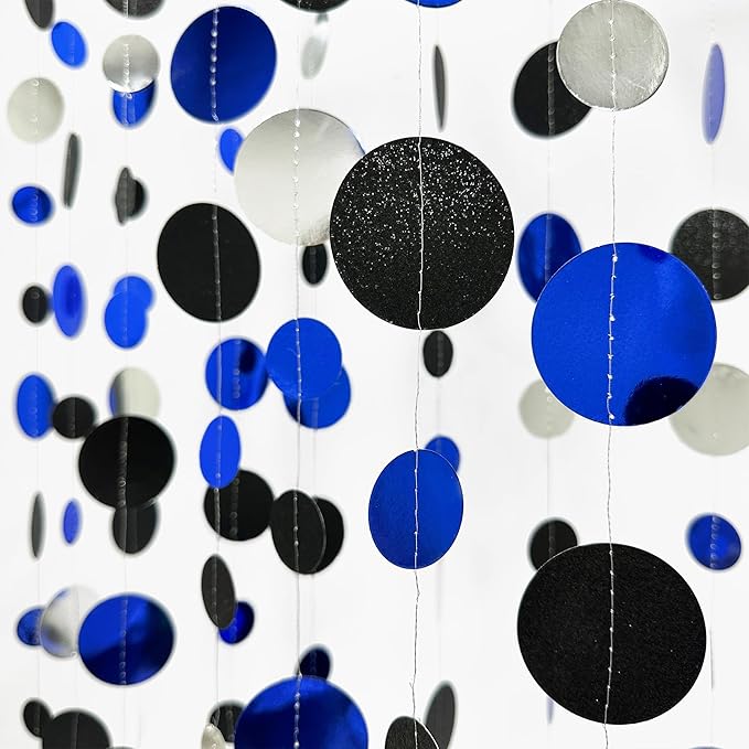 46Ft Navy Blue Black Silver Circle Dots Garland Royal Blue Black Polka Dots Streamer for Birthday Graduations Wedding Bridal Baby Shower Nautical Ahoy Achor Pirate Theme Party Decorations Supplies