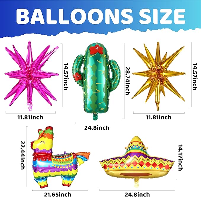 Mexican Fiesta Party Decorations, 144Pcs Cinco De Mayo Rainbow Balloons Arch Garland Kit Cactus Llama Sombrero Explosion Star Foil Balloons for Taco Twosday Carnival Hawaii Tropical Birthday Party