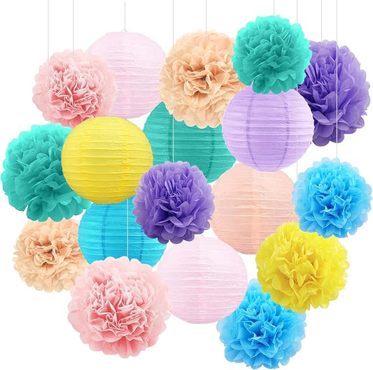 BEISHIDA Macaron Tissue Hanging Paper Flowers Lanterns Party Decorations Set for Birthday Graduation Baby Shower Bridal Bachelorette Wedding Photo Booth Backdrops Party Supplies(18 Packs)