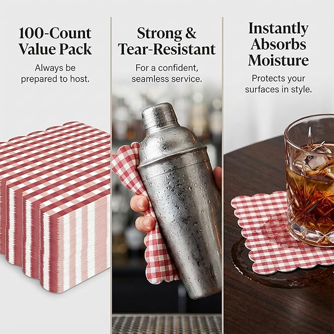 100 Pcs Red Gingham Cocktail Napkins Bulk, Paper Napkins Disposable for Party, Birthday & Wedding, 6.5" Pure Wood Pulp Dinner Napkins, Beverage Napkins