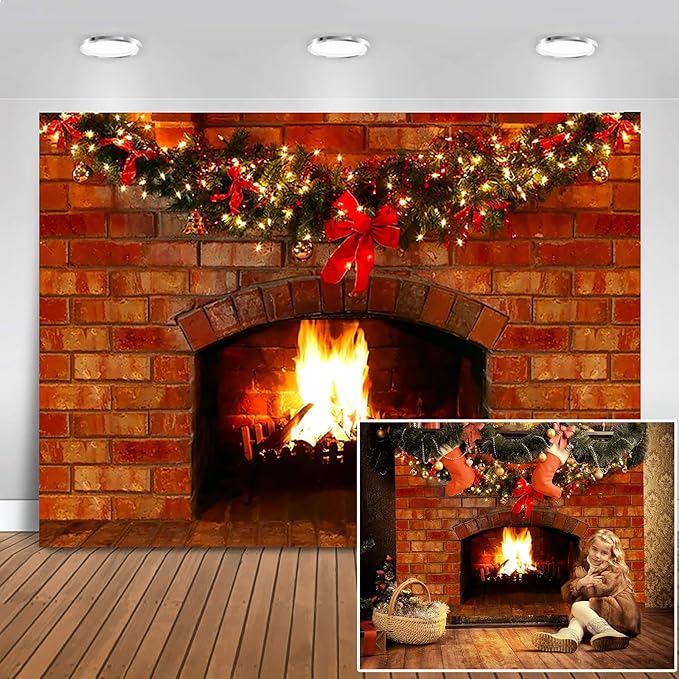 Mocsicka Christmas Fireplace Photography Backdrop Red Brick Fireplace Background for Xmas Eve Home Decor Xmas Family Party Selfie Photo Props (7x5ft)