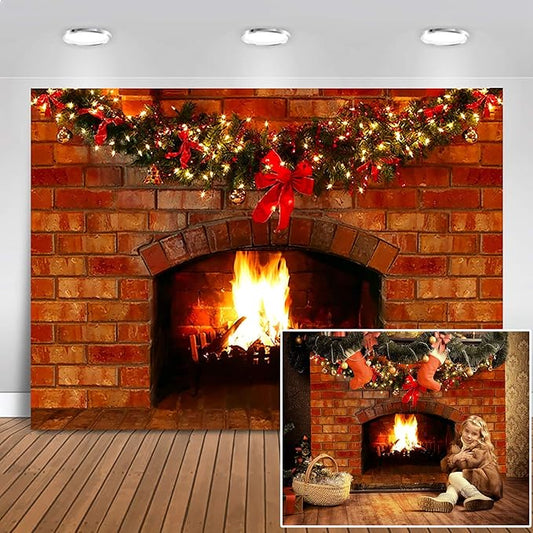 Mocsicka Christmas Fireplace Photography Backdrop Red Brick Fireplace Background for Xmas Eve Home Decor Xmas Family Party Selfie Photo Props (7x5ft)