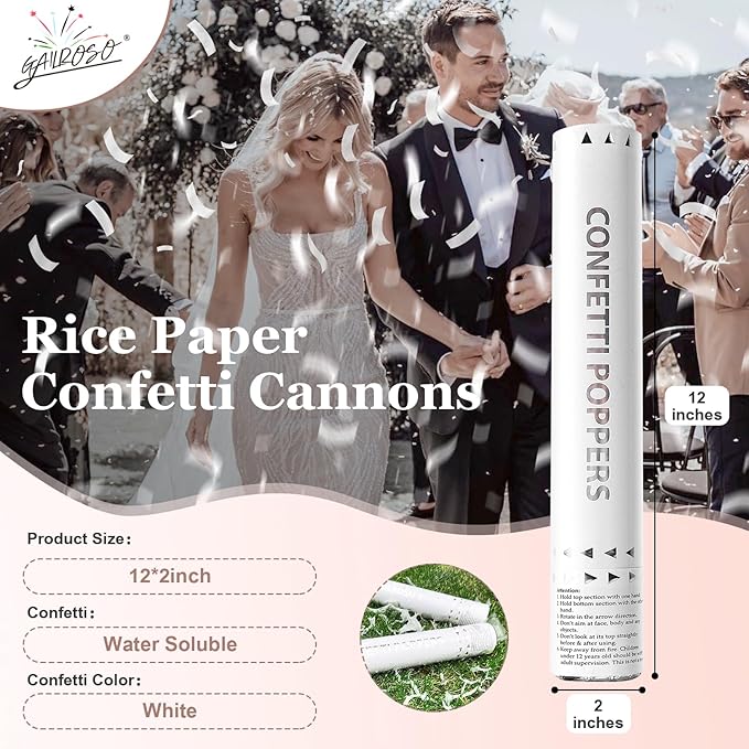 White Confetti Poppers,Rice Paper Water Soluble Cannon for Wedding,Biodegradable Confetti Poppers Air Powered For Engagement,Wedding,Birthday,Celebrations and New Years Eve(White 6pack)