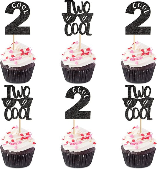 Ercadio 24 Pack Two Cool Cupcake Toppers Glitter Black Two Cool Happy 2nd Birthday Cake Picks Baby Shower Kids Second Birthday Party Cake Decorations