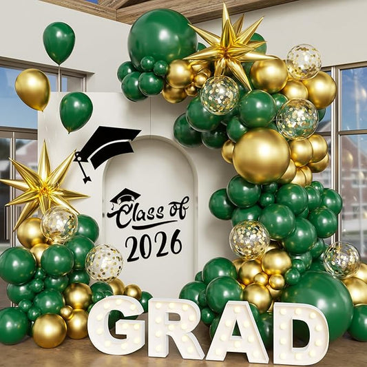 Green Gold Balloon Arch Kit Graduation Decorations 2026, 130Pcs Green and Gold Balloons and Foil Star Balloon with Confetti Ribbons Grad Party Decorations for College High School Class of 2026