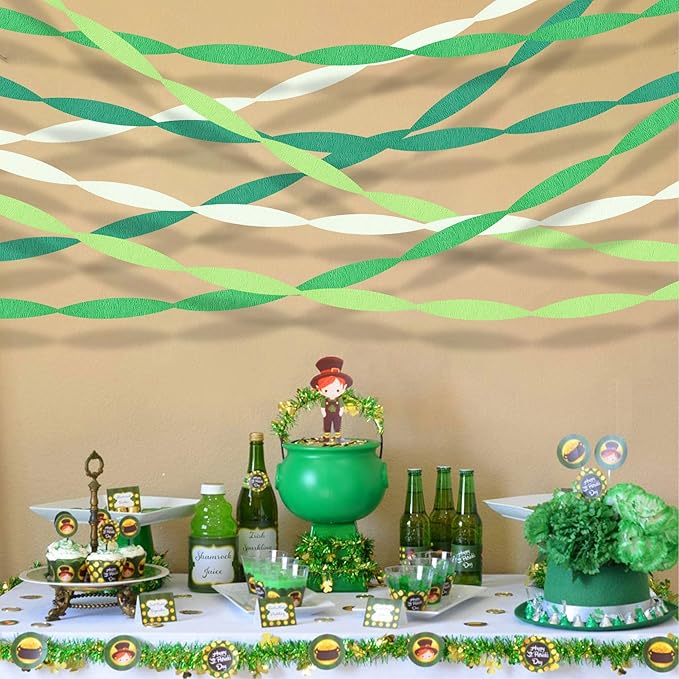 Green Streamers Party Decorations, 8 Rolls 656ft Green and White Crepe Paper Streamers for St. Patrick's Day Decorations Jungle Decorations Birthday Spring Forest Baby Shower Wedding Party Supplies