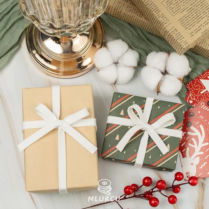 White Velvet Ribbon 3/8 Inch x 21Yd Double Faced Thin White Ribbons Set for Christmas Tree Ornaments Gift Wrapping Wedding Decoration Wreath & Hair Bows Making