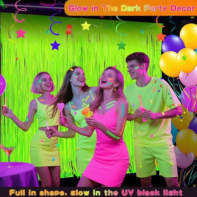 Glow in The Dark Party Supplies 2 Pack Neon Party Decorations Fluorescent Tinsel Foil Fringe Curtains Photo Booth Prop Backdrop Streamer Blacklight Decorations (Neon Yellow)