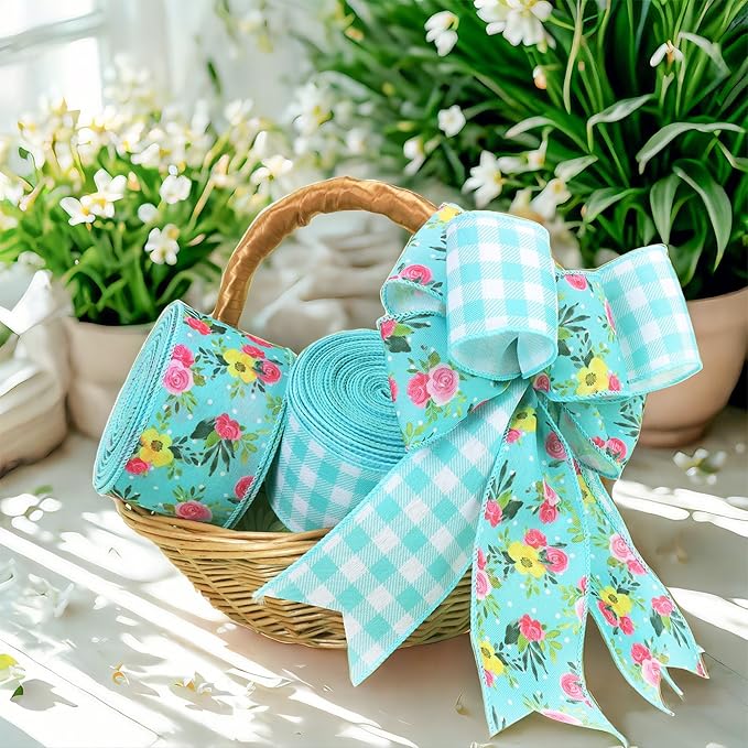 LaRibbons Blue Floral Ribbon Wired 2 Rolls 2.5 Inch x 20 Yards TTL, Rose Flower and Buffalo Plaid Burlap Ribbon for Spring Summer Crafts Gift Wrapping Wreath Bow Basket Decoration