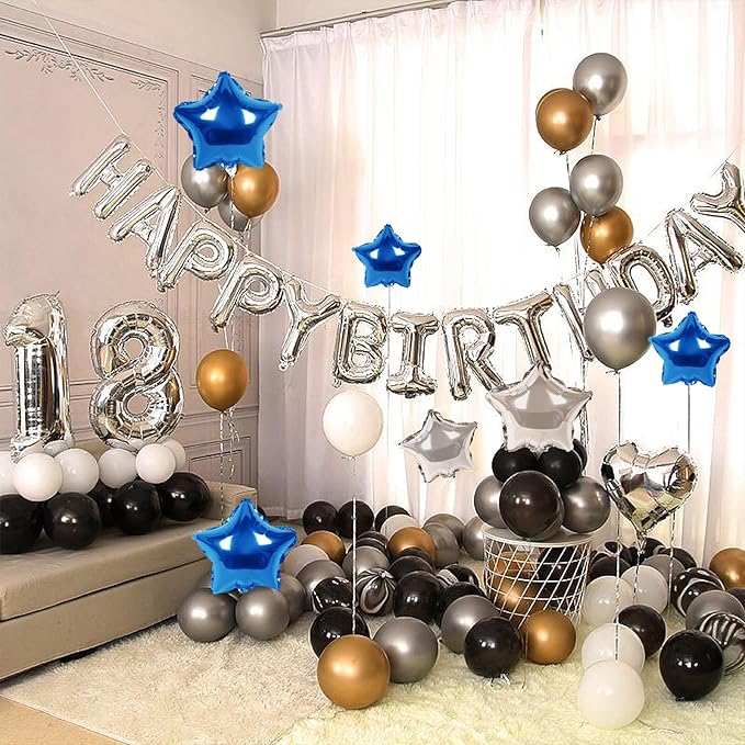 CANREVEL Happy Birthday Banner 13pcs 16 Inch Mylar Foil Letters with 12pcs Star Balloons Birthday Party Decorations for Kids and Adults - 3D Silver Blue