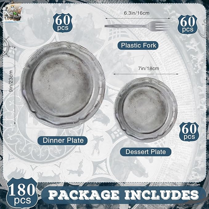 Jingmore 180 Pcs Medieval Party Supplies Disposable Pewter Paper Plates and Forks Tableware Set for Pirate Knight Castle Halloween Decorations Dinner Silver Grey 9" and 7'' Serves 60(Design Style)