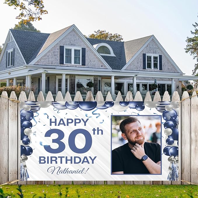 Custom Birthday Banner Personalized with Pictures and Name, Unique Backdrop Decoration for Husband or Him, Happy Birthday Party Banner for Men Women Celebrations