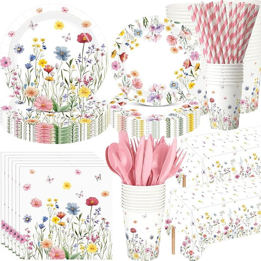 Funnymoom 452 Pcs Wildflower Party Decorations for 50 Guests, Spring Floral Paper Plates Napkins Cups Tablecloth Cutlery Straws for Wildflower Baby Shower Birthday Wedding Party Supplies