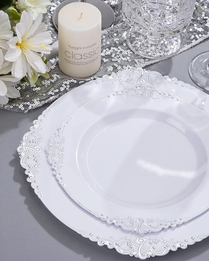 Nervure 350PCS Silver Plastic Dinnerware - White and Silver Disposable Plates for 50 Guests - 100 Disposable Plates, 150 Plastic Silverware, 50 Cups, 50 Napkins for Wedding & Party