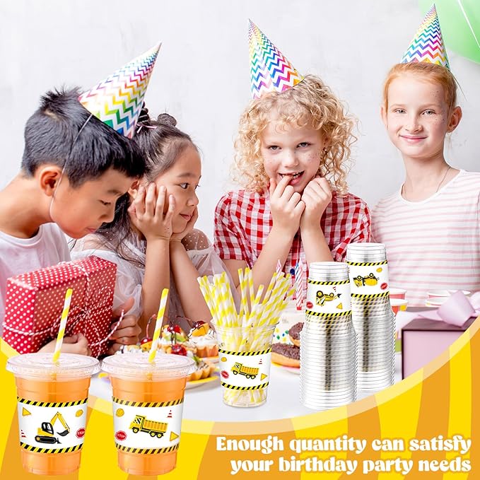 Yungyan 50 Sets Construction Truck Plastic Cups with Lids and Straws 16 oz Disposable Coffee Juice Drinking Hot Cold Clear Cup for Home Birthday Baby Shower Party Favors Supplies Decoration Holiday