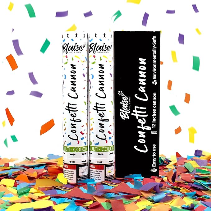 Blaise Pyro & Party Multi-Colored Confetti Poppers - Easy to Use Paper Confetti Poppers for Weddings, Birthdays, Anniversaries & More - Colorful Confetti Cannon for Memorable Photos - 2 Pack, 12 Inch