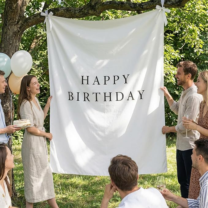 Oudain 60x78 Inch Happy Birthday Burlap Banner, Fabric Party Decorations Backdrop, Boho Rustic Photo Props Sign with Hanging String for Birthday Party Indoor Outdoor Yard Wall Decor