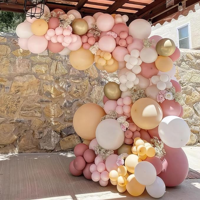 HILAVO Rose Gold Balloon Arch Kit Nude Light Pink Gold Confetti Party Balloon Garland Metallic Pink White Pastel Orange Balloons for Women Princess Baby Shower Bridal Wedding Brithday Party Decor