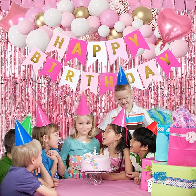 Pink Gold Birthday Party Decorations, Happy Birthday Banner, Pink Fringe Curtain, Heart Star Foil Confetti Balloons, Hanging Swirls for Women Girls Birthdays Princess Party