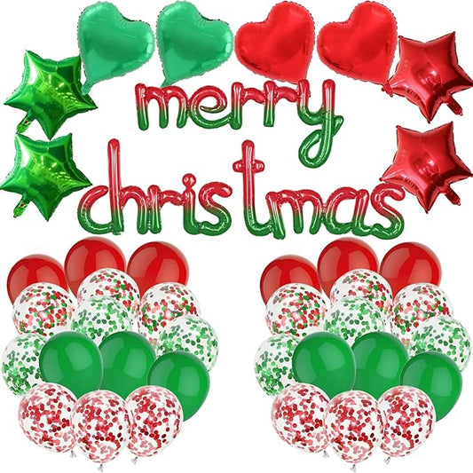 Merry Christmas Balloons Party Decorations - 41pcs Marry Christmas Banner Balloons Kit for Office Arch Decoration, Xmas Sign Banners Party Decor Photo Props, 12in Red and Green & 18in Foil Balloon