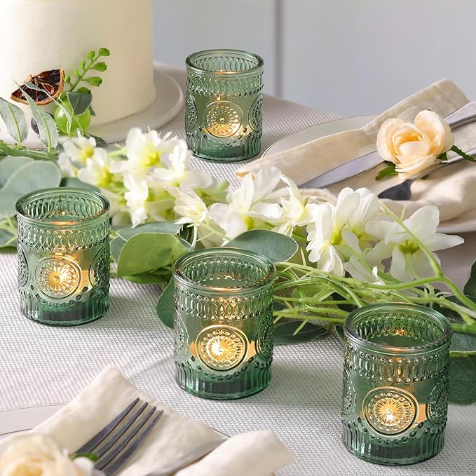Lanttu 12pcs Green Votive Candle Holders，Glass Tea Lights Candle Holder Bulk for Birthday Parties, Weddings, Table Decorations, Candlelight Dinners