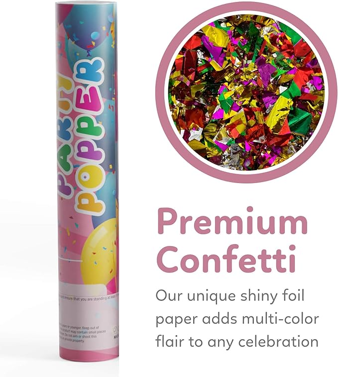Confetti Poppers Confetti Cannon | 2 Pack | Glitter Multicolor | Party Poppers for Graduation, Birthday, Wedding | Alternative to Fireworks Smoke Bombs | Launches 25 ft | 12 inch | TUR Party Supplies