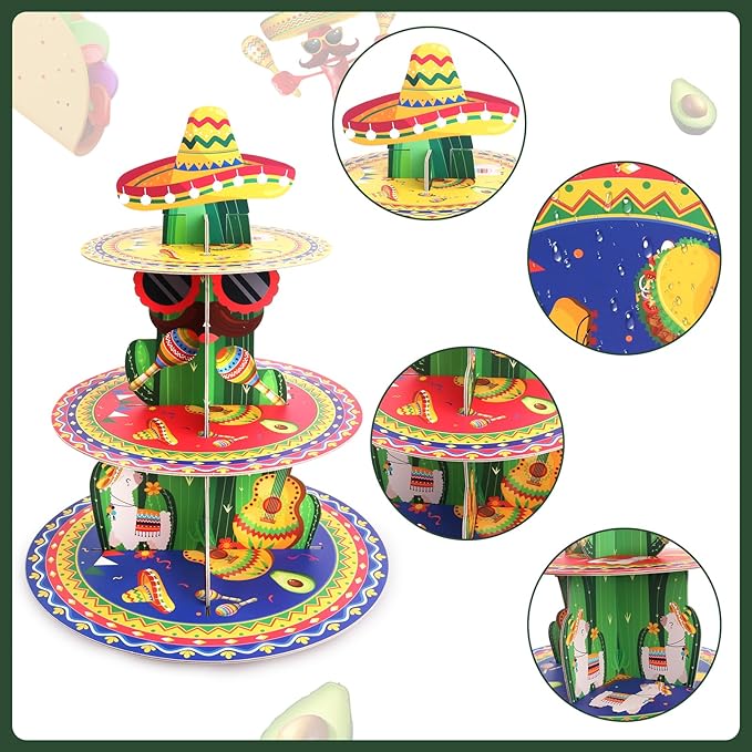 Fiesta Party Decorations 3 Tier Mexican Cupcake Stand Cinco De Mayo Cupcake Stand Taco Birthday Party Supplies Fiesta Cactus Dessert Holder Display for Baby Shower Decorations