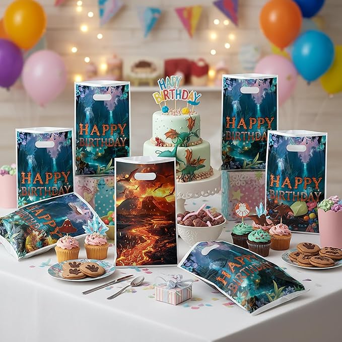 Andi Cppss Movie Theme Party Favor Bags - 50PCS Double-Sided Water Fire Themed Favor Goodie Bags for Birthday Party Decorations Volcano Plastic Gift Bag with Handle for Movie Lover Birthday Supplies