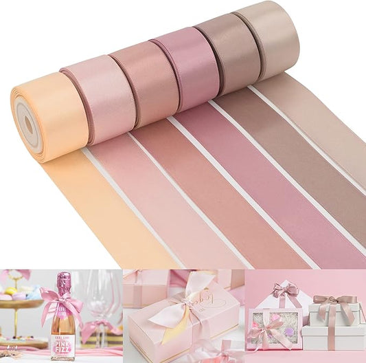HUIHUANG Dusty Rose Wedding Ribbon Double-Faced Satin Ribbon Assortment 1" Wide Rose Pink Silk Ribbons for Gift Wrap Wedding Bridal Baby Shower Decor Flower Bouquet Crafts- 6 Colors X 5 Yards Each