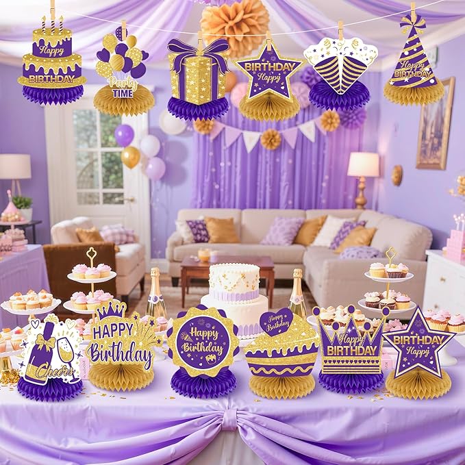12Pcs Purple Gold Birthday Decorations Honeycomb Centerpieces for Women Girls, Purple Gold Happy Birthday Table Centerpieces for 30th 40th 50th 60th Birthday Table Topper Sign Decor Party Supplies
