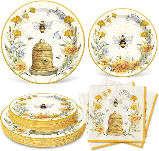 Whaline Bee Paper Plates and Napkins Set Summer Bee Flower Disposable Dinnerware for Wedding Birthday Baby Shower Holiday Tableware Party Supplies Table Decor, Serve 24