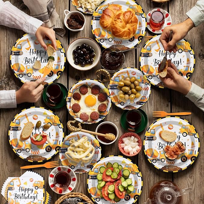100 Pieces Construction Truck Tableware Set Party Supplies – Happy Birthday Yellow Digger Pattern Disposable Plates, Napkins, and Forks Dinnerware for Boys Birthday Construction Theme Celebrations