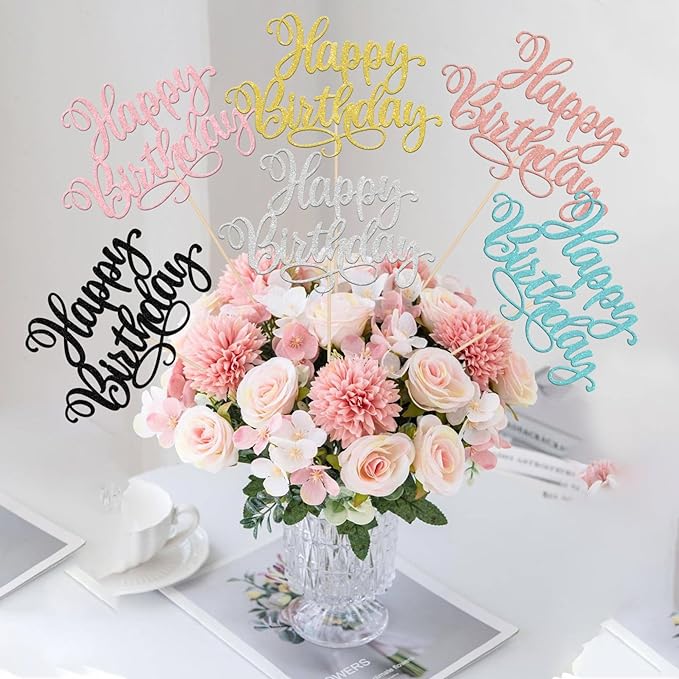 12 PCS Happy Birthday Centerpieces Sticks Double Sided Glitter Birthday Party Decorations Anniversary Table Flower Centerpiece for Celebrating Birthday Party Centerpieces Supplies Multi 6 Colors