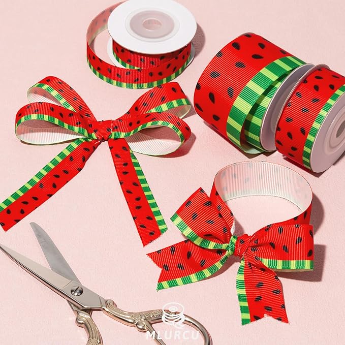 Watermelon Ribbon 3 Rolls Fruit Print Grosgrain Ribbons 5/8", 7/8", 1.5", Watermelon Printed Ribbon for Summer Crafts, Gift Wrapping, Wreaths, Garlands, Party Decorations