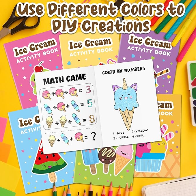 Ice Cream Activity Books for Kids 48Pcs Summer Ice Cream Mini Games Coloring Book Set Bulk Mazes Word Search Word Scramble Games for School Classroom DIY Art Gifts Summer Holiday Party Favors