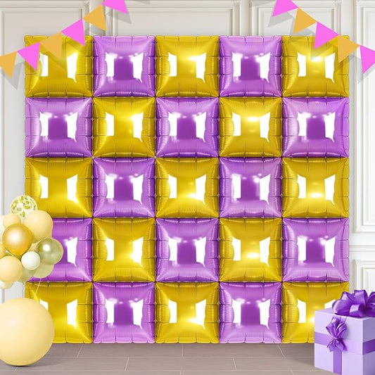 Gold and Purple Square Foil Balloons 25 Pcs Metallic Gold and Purple Balloons Wall Backdrop for New Year Graduation Birthday Bridal Shower Party Arch Backdrop Decorations