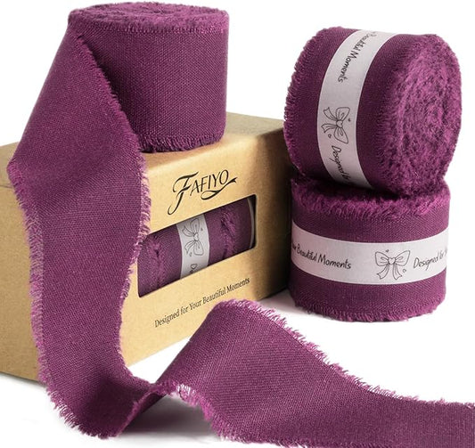 Grape Wine Cotton Ribbon 1-1/2 Inch Grape Wine 3 Rolls 21 Yards Frayed Edge Fabric Set for Wedding Decor, Anniversary Celebration, Bridal Bouquet Wrap, Gift Wrapping & Fall Wedding