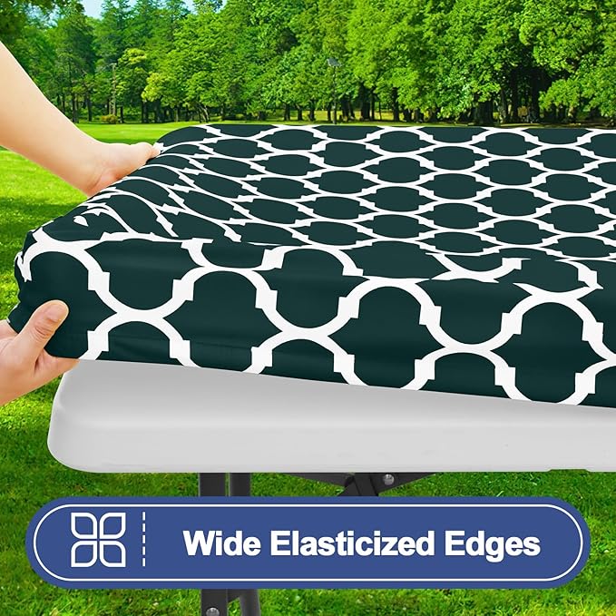 Smiry Picnic Table Cover with Bench Covers, Waterproof Elastic Fitted Tablecloth for 8 Foot Tables, Washable Polyester Tablecloths for Camping, Indoor & Outdoor (Hunter Green, 30x96 Inch 3-pc Set)
