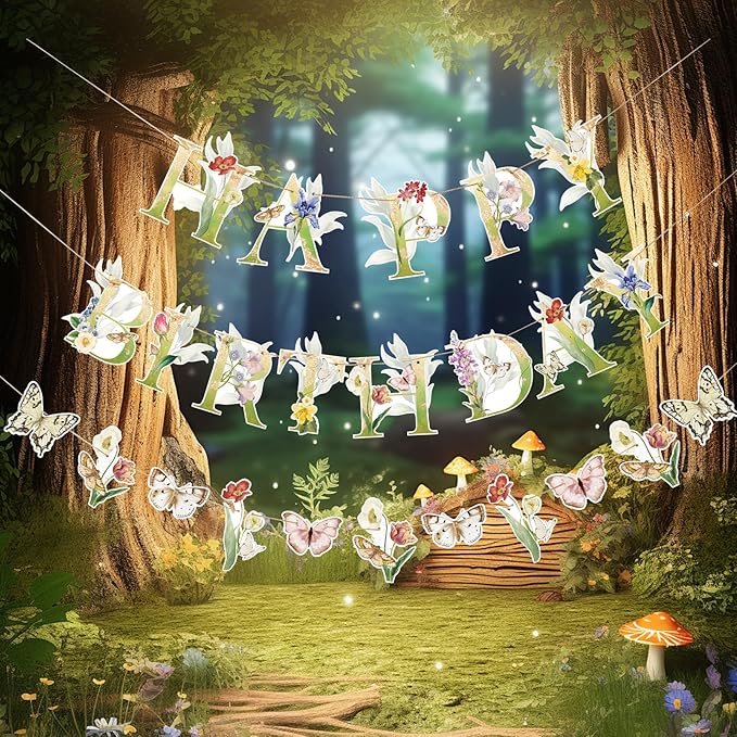 SUNBEAUTY Wildflower Butterfly Happy Birthday Banner Spring Floral Birthday Decorations Pre-Strung Butterfly Flower Garden Decor for Girls Women Baby Shower Wedding Tea Party