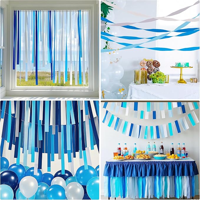Blue and White Streamers, 2.2" x 123 Ft, 6 Rolls Crepe Paper Streamers Party Supplies for Under The Sea Shark Ocean Themed Birthday Baby Shower Wedding Graduation Decorations, DIY Crafts
