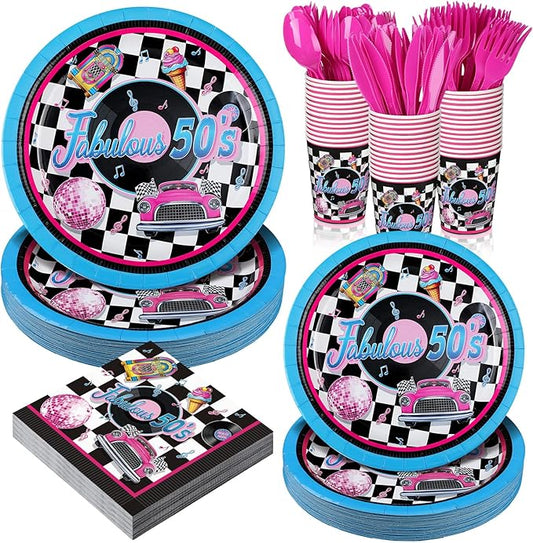 Yungyan 252 Pcs 50s Party Supplies Fabulous 1950s Plates and Napkins Disposable Back to the 50s Napkin Plate Cup 1950s Rock Music Record Decorations Retro Sock Hop Tableware Serves 36 Guests