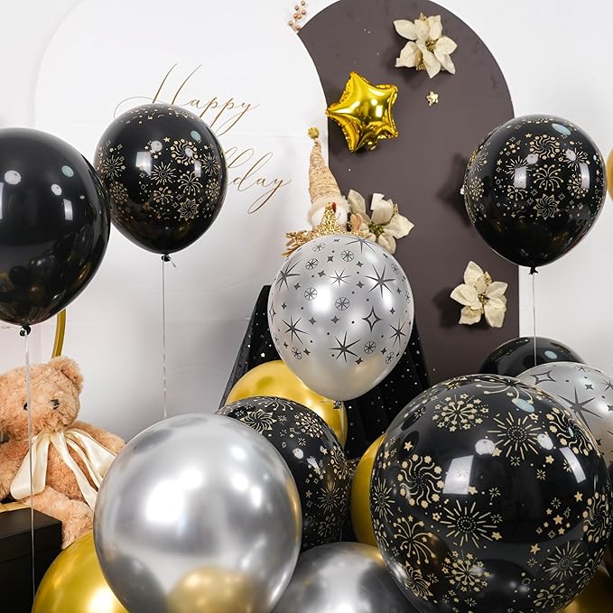Black and Gold Balloons, Black Silver Gold Balloons, Silver Star Fireworks Printed Balloon With Star Foil Balloon For New Year Retirement Graduation Birthday Baby Shower Party Wedding Celebration