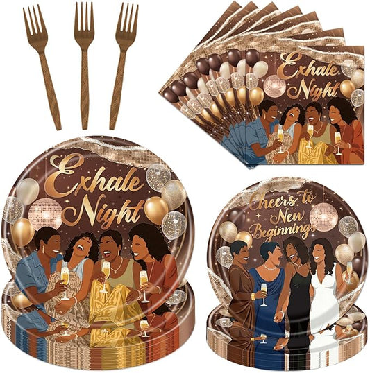 Exhale Night Party Decorations, 96PCS Luxury Brown Gold Girls Night Disposable Paper Plates and Napkins Decoration, Elegant Women Silhouette Forks Party Decor for Girls Women Birthday Serve 24