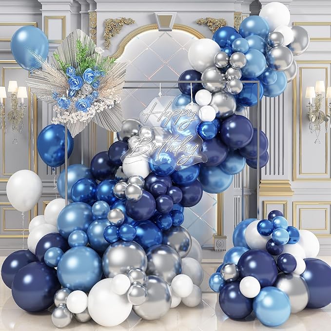 Blue White Silver Balloon Arch Kit, Navy Blue Silver White Balloon Garland with Metallic Dark Blue Light Blue Silver Balloons for Boys Men Birthday Baby Shower Graduation Wedding Party Decorations