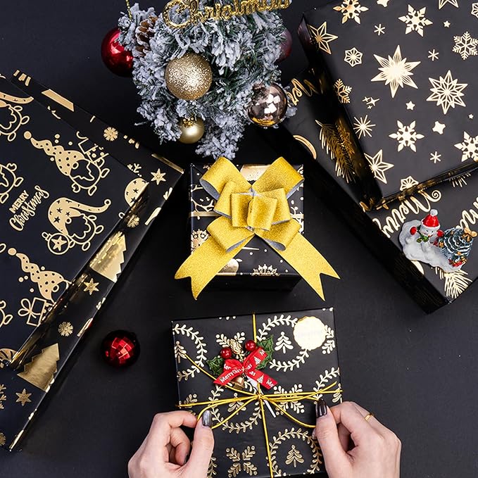 Larcenciel Metallic Christmas Wrapping Paper Set, Black and Gold Holiday Gift Wrapping Paper w/Gift Bow Sticker, Gnome Snowflake Deer Glitter Foil Xmas Gift Wrap for Winter Nightmare, 6 Sheets 28x20in