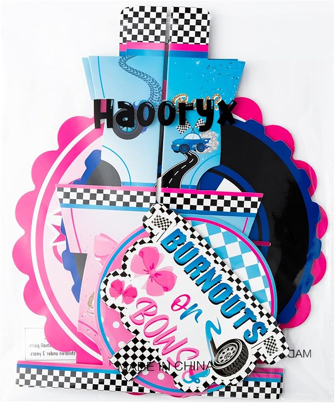 Haooryx Burnout or Bow Gender Reveal Party Cupcake Stand - 2 Pcs 3-Tier Racing Bow Cupcake Tower Cardboard Dessert Holder for Boy or Girl Baby Shower He or She Gender Reveal Party Table Decor Supplies