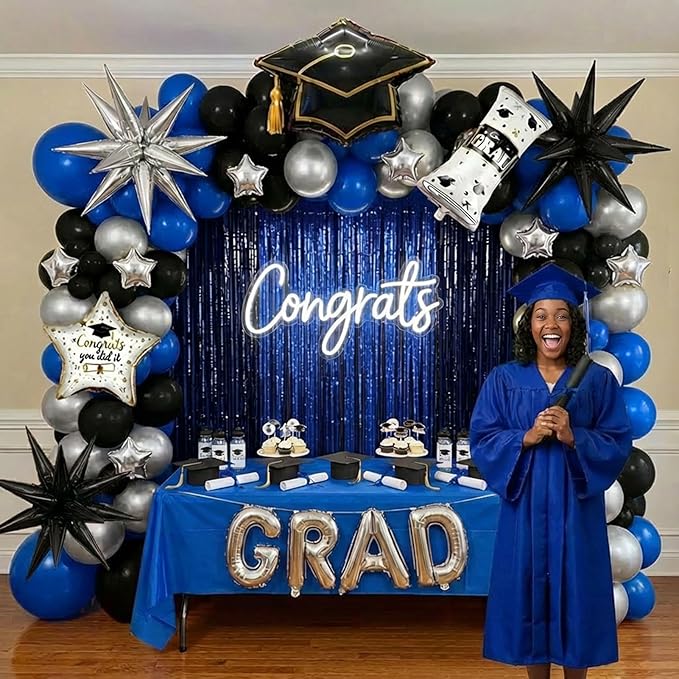Blue Black Silver Graduation Balloon Garland Arch Kit with Graduation Star print Certificate Letter Foil Balloons for Graduate Class of 2026 Grad Prom party Decorations Supplies