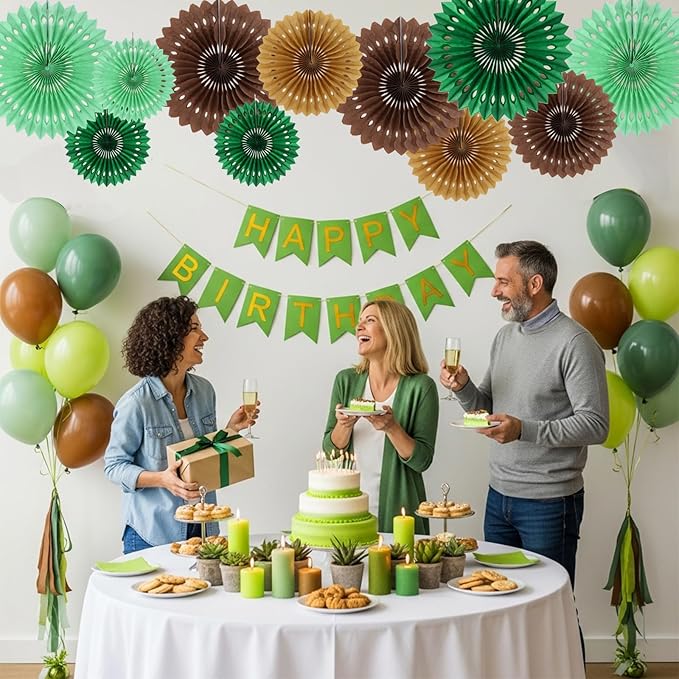 BEISHIDA Green Brown Tissue Hanging Honeycomb Round Paper Fans Decoration Set for Football Birthday Baby Shower Bachelorette Wedding Photo Booth Backdrops Anniversary Paper Party Supplies(11 Packs)