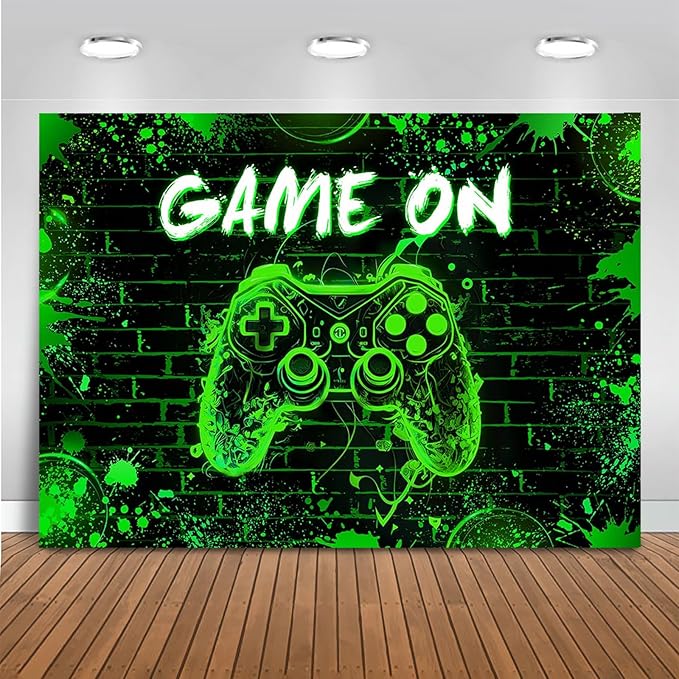 Mocsicka Game On Backdrop Video Game for Boys Level Up Birthday Party Decoration Game Night Arcade Neon Glow Gamer Banner Photography Background (Green, 10x7ft(120"x82"))